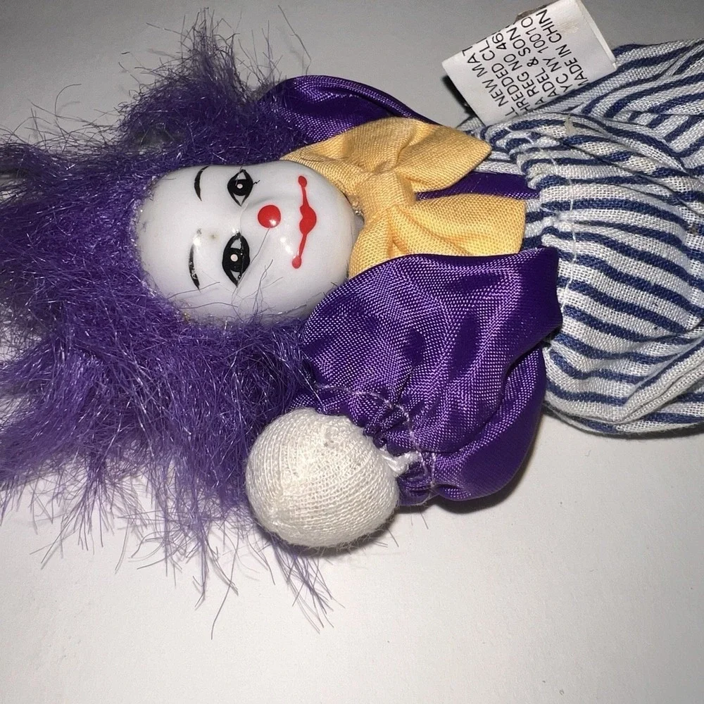 Vintage 1980s Q-Tee Sand-Filled Clown Doll Purple Hair Mardi Gras Theme NOLA